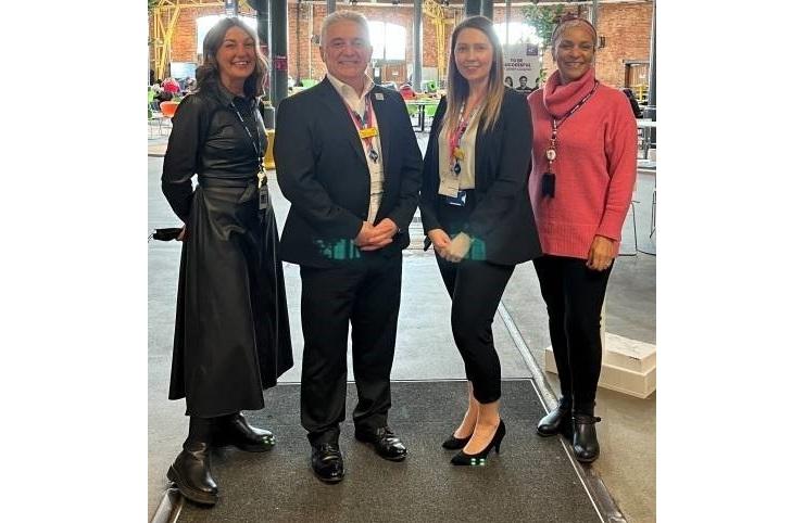 Picture shows, L-R: Carol Dixon, DCG Director of Employer Partnerships; Roger McBroom; Mel Palmer; and Donna Evans-Thomas, DCG Key Account Manager, pictured at The Roundhouse, Derby College.