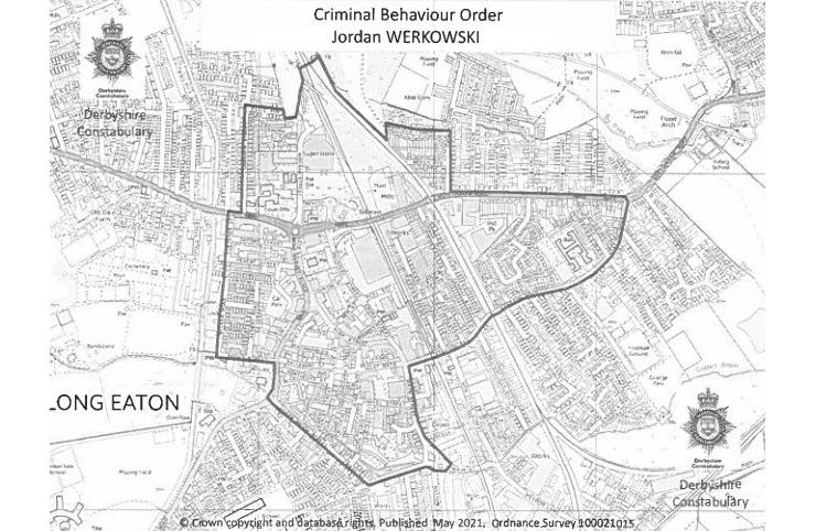 The exclusion zone in Long Eaton within which Jordan Werkowski-Freeman should not be seen