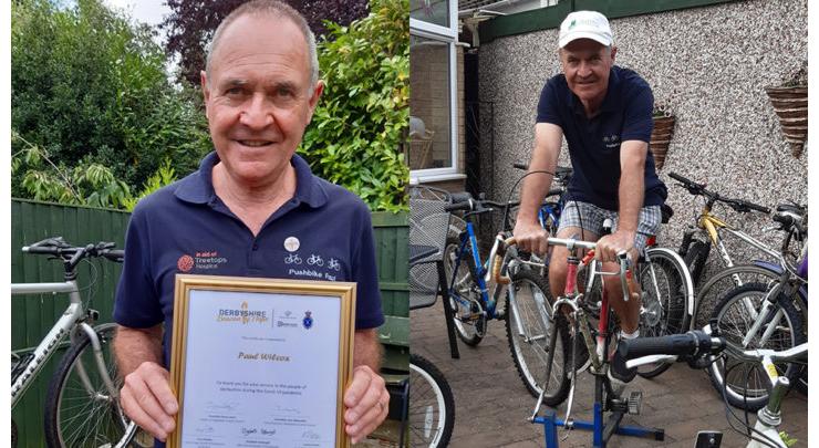 From left to right: Pushbike Paul receives his certificate and hitting the saddle