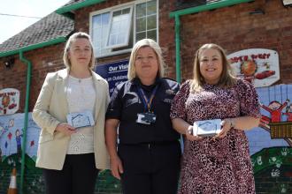 Photo: From L-R: Elizabeth Mitchel, Fire & Rescue Service National Account Manager at FireAngel, Hannah Albrighton, Community Safety Officer for Derbyshire Fire & Rescue Service, Kay Simcox, Risk Reduction Manager for Derbyshire Fire & Rescue Service 