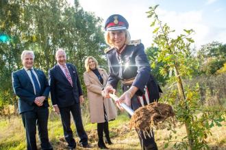 The Lord Lieutenant of Derbyshire with, from left: Deputy Lord Lieutenant Brell Ewart, Derby College chair of governors Andrew Cochrane and Deputy CEO Heather Simcox