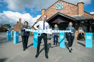 Co Op in Breaston opens, managed by Andrew Fearn who cuts the ribbon to open the store, with (l-r) Donna Hodges, Jo Priest and Emma Grimley