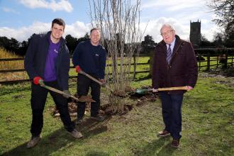 DCC’s Cllr. Tony King, right, plants the Cherry tree at Elvaston with landscape gardeners Dan Winter, left, and Andrew Cosgrove