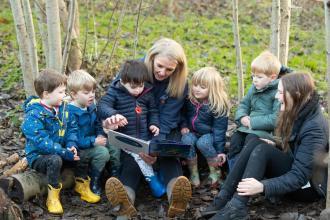 Top (1) - Kate Cox (Nursery Manager) and Jennifer Lewis (Early Years Apprentice) with the children having storytime fun in the woodland.