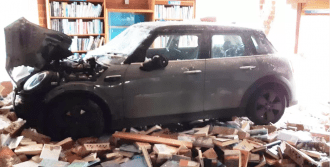 Courtesy of Derbyshire County Council: the crashed Mini inside Sandiacre Library