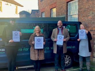 Showcasing the official Guinness World Records certificate – left to right: Adam Bamford, Colleague Box; Amanda Strong, Mercia Image Print, Adam Tamsett, Derbion and Tracy Harrison, Safe and Sound.