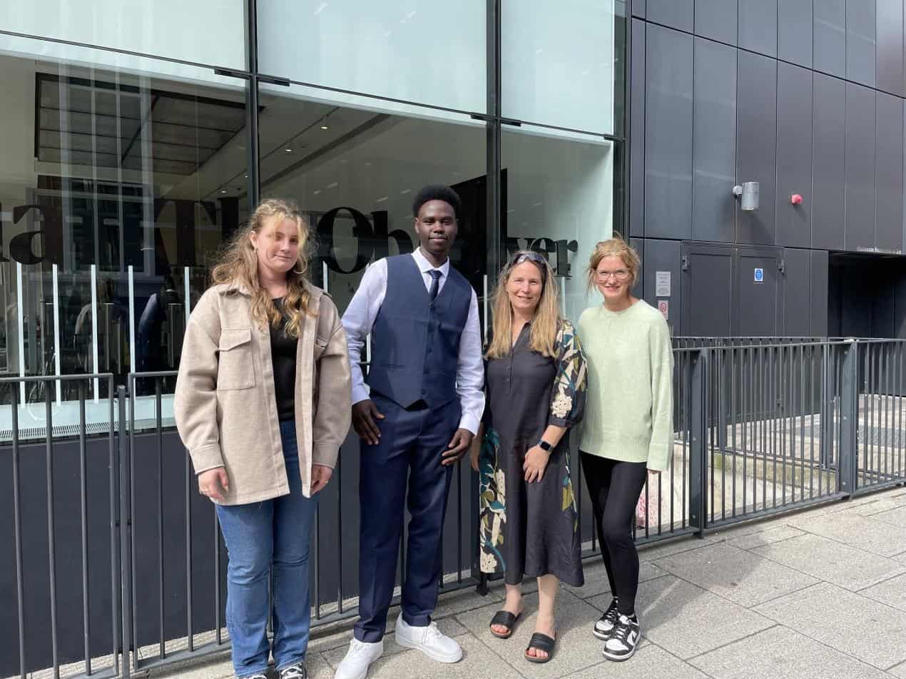 Ellie Woodland and Sami Alsadig, supported by Debbie Painter (Curriculum Manager GCSE Plus and MLA programme Lead) and Amy Naylor (GCSE Plus teacher and MLA teacher adviser on national panel). Outside The Guardian offices