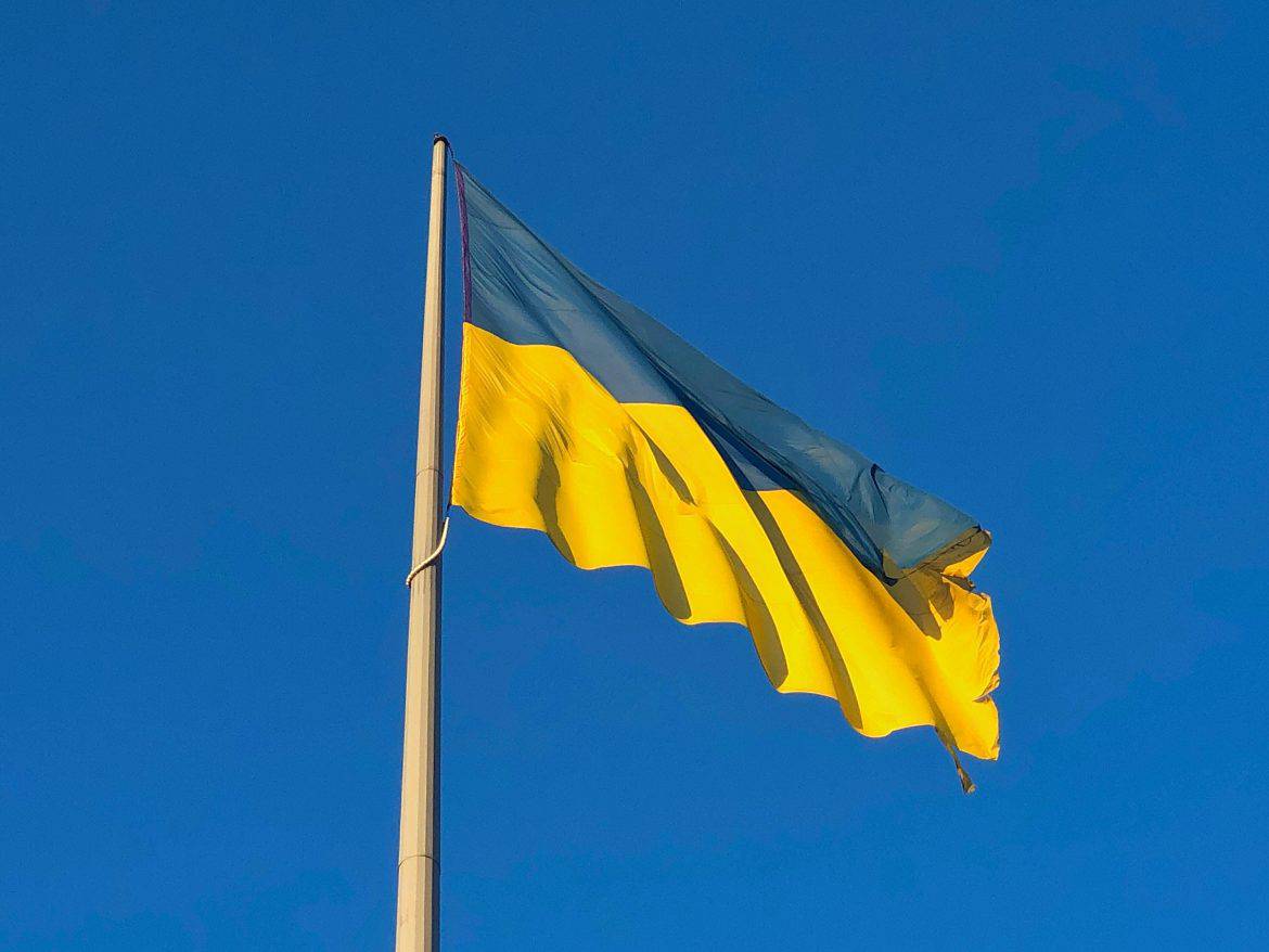Ukrainian Flag Against Clear Blue Sky