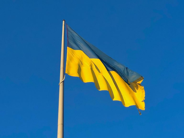 Ukrainian Flag Against Clear Blue Sky